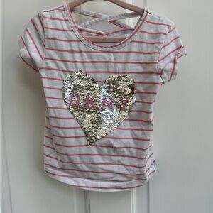 DKNY 3T Girls Striped Pink and White Sequin Heart Top with Moving Sequins
